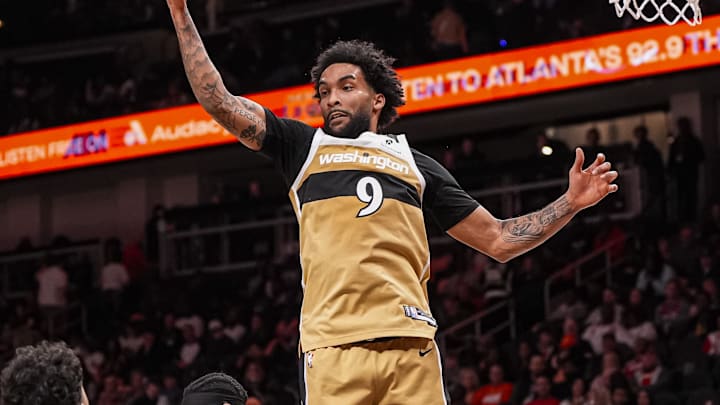 Feb 26, 2026; Atlanta, Georgia, USA; Washington Wizards forward Justin Champagnie (9) grabs a rebound against the Atlanta Hawks during the second half at State Farm Arena. Mandatory Credit: Dale Zanine-Imagn Images