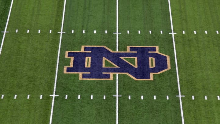 General view of the Notre Dame Fighting Irish logo at midfield