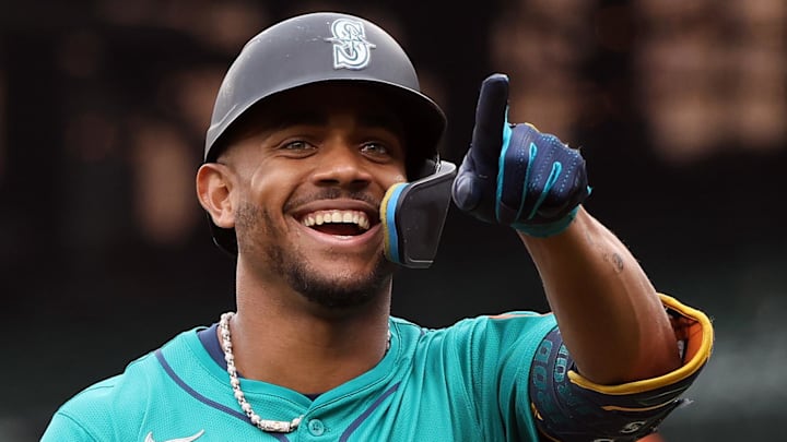 Seattle Mariners outfielder Julio Rodriguez celebrates after hitting a home run against the Baltimore Orioles on Aug. 14 at Camden Yards.