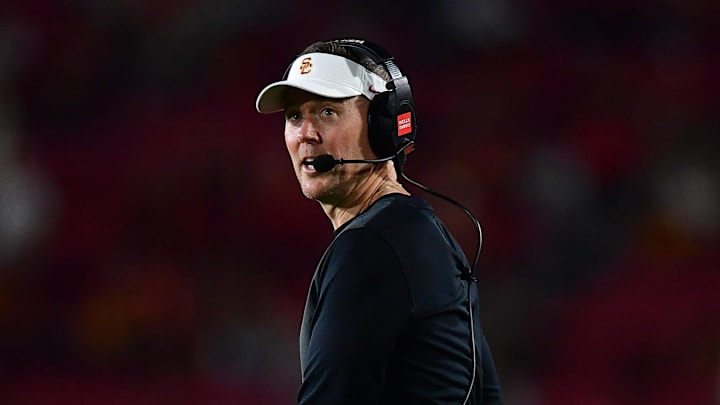 Sep 20, 2025; Los Angeles, California, USA; Southern California Trojans head coach Lincoln Riley watches game action against the Michigan State Spartans during the second half at the Los Angeles Memorial Coliseum. Mandatory Credit: Gary A. Vasquez-Imagn Images