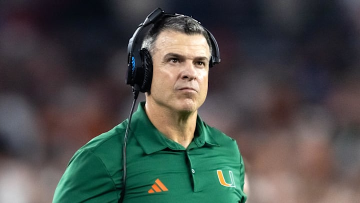 Jan 8, 2026; Glendale, AZ, USA; Miami Hurricanes head coach Mario Cristobal against the Mississippi Rebels during the 2026 Fiesta Bowl and semifinal game of the College Football Playoff at State Farm Stadium. Mandatory Credit: Mark J. Rebilas-Imagn Images