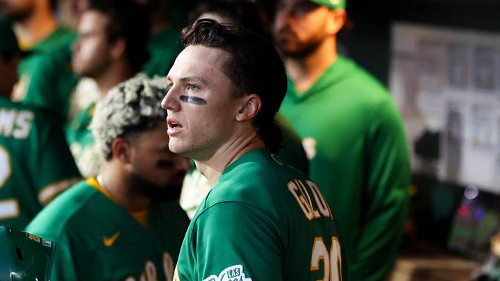 Jun 16, 2026; West Sacramento, California, USA; Athletics third baseman Zack Gelof (20) looks on from the dugout after hitting a one-run home run during the sixth inning against the Pittsburgh Pirates at Sutter Health Park. Mandatory Credit: Sergio Estrada-Imagn Images Jun 16, 2026; West Sacramento, California, USA; Athletics third baseman Zack Gelof (20) looks on from the dugout after hitting a one-run home run during the sixth inning against the Pittsburgh Pirates at Sutter Health Park. Mandatory Credit: Sergio Estrada-Imagn Images