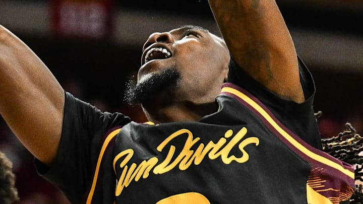 Mar 7, 2026; Ames, Iowa, USA; Iowa State Cyclones forward Joshua Jefferson (5) blocks the shot of Arizona State Sun Devils guard Anthony Johnson (2) during the second half at James H. Hilton Coliseum. Mandatory Credit: Jeffrey Becker-Imagn Images