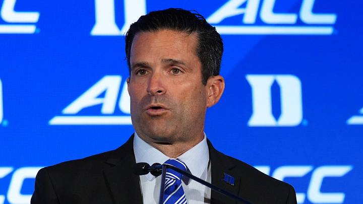 Jul 17, 2026; Charlotte, NC, USA; Duke head coach Manny Diaz talks with the media during interviews at Hilton Charlotte Uptown. Mandatory Credit: Jim Dedmon-Imagn Images