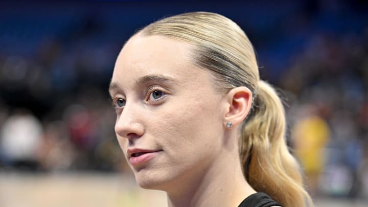 Aug 1, 2025; Dallas, Texas, USA;  Dallas Wings guard Paige Bueckers (5) speaks to the media before the game against the Indiana Fever at the American Airlines Center. Mandatory Credit: Jerome Miron-Imagn Images