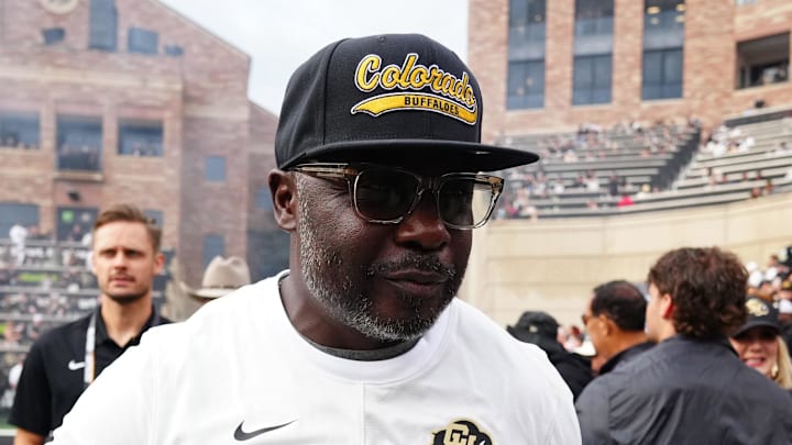Aug 29, 2025; Boulder, Colorado, USA;  Colorado Buffaloes running backs coach Marshall Faulk before the game against the Georgia Tech Yellow Jackets  at Folsom Field.