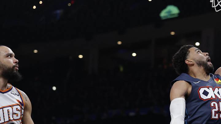 Apr 22, 2026; Oklahoma City, Oklahoma, USA; Oklahoma City Thunder guard Ajay Mitchell (25) goes up for a basket against the Phoenix suns in the second half during game two of the first round of the 2026 NBA Playoffs at Paycom Center. Mandatory Credit: Alonzo Adams-Imagn Images