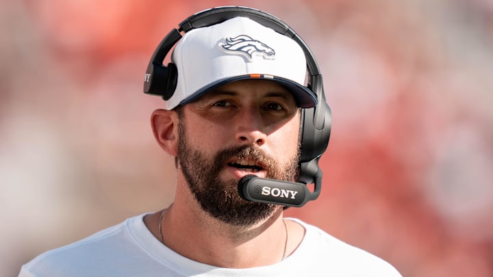 August 9, 2025; Santa Clara, California, USA; Denver Broncos offensive pass game coordinator Davis Webb before the game against the San Francisco 49ers at Levi's Stadium. Mandatory Credit: Kyle Terada-Imagn Images
