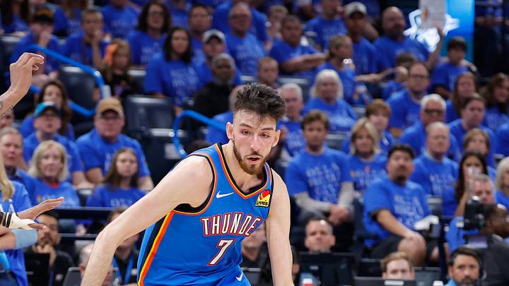 May 18, 2026; Oklahoma City, Oklahoma, USA; Oklahoma City Thunder center Chet Holmgren (7) drives the ball while defended by San Antonio Spurs guard Stephon Castle (5) in the third quarter during game one of the western conference finals for the 2026 NBA playoffs at Paycom Center. Mandatory Credit: Alonzo Adams-Imagn Images May 18, 2026; Oklahoma City, Oklahoma, USA; Oklahoma City Thunder center Chet Holmgren (7) drives the ball while defended by San Antonio Spurs guard Stephon Castle (5) in the third quarter during game one of the western conference finals for the 2026 NBA playoffs at Paycom Center. Mandatory Credit: Alonzo Adams-Imagn Images