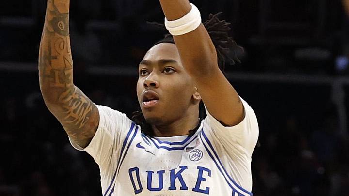 Mar 27, 2026; Washington, DC, USA; IDuke Blue Devils guard Isaiah Evans (3) shoots the ball against the St. John's Red Storm in the second half during a Sweet Sixteen game of the East Regional of the men's 2026 NCAA Tournament at Capital One Arena. Mandatory Credit: Geoff Burke-Imagn Images Mar 27, 2026; Washington, DC, USA; IDuke Blue Devils guard Isaiah Evans (3) shoots the ball against the St. John's Red Storm in the second half during a Sweet Sixteen game of the East Regional of the men's 2026 NCAA Tournament at Capital One Arena. Mandatory Credit: Geoff Burke-Imagn Images