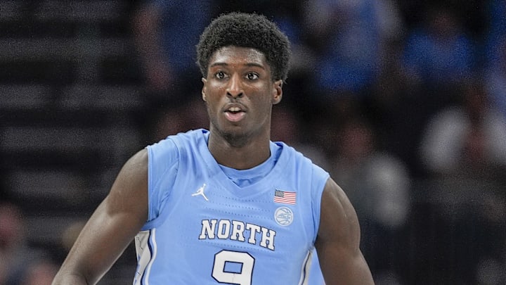 Mar 14, 2025; Charlotte, NC, USA; North Carolina Tar Heels guard Drake Powell (9) during the first half against the Duke Blue Devils at Spectrum Center. Mandatory Credit: Jim Dedmon-Imagn Images Mar 14, 2025; Charlotte, NC, USA; North Carolina Tar Heels guard Drake Powell (9) during the first half against the Duke Blue Devils at Spectrum Center. Mandatory Credit: Jim Dedmon-Imagn Images