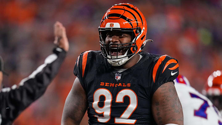 Cincinnati Bengals defensive tackle BJ Hill (92) celebrates a sack in the second quarter of the NFL Week 9 game between the Cincinnati Bengals and the Buffalo Bills at Paycor Stadium in Cincinnati on Sunday, Nov. 5, 2023. Cincinnati Bengals defensive tackle BJ Hill (92) celebrates a sack in the second quarter of the NFL Week 9 game between the Cincinnati Bengals and the Buffalo Bills at Paycor Stadium in Cincinnati on Sunday, Nov. 5, 2023.