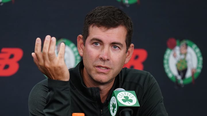 Sep 29, 2025; Boston, MA, USA; Boston Celtics president of basketball operations Brad Stevens talks to reporters during media day at the Auerbach Center. Mandatory Credit: David Butler II-Imagn Images