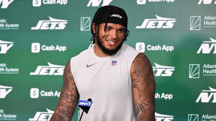 New York Jets linebacker Jermaine Johnson speaks at a press conference during minicamp at Atlantic Health Jets Training Center. 