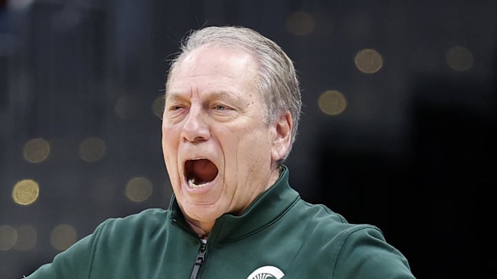 Mar 27, 2026; Washington, DC, USA; Michigan State Spartans head coach Tom Izzo reacts in the first half during a Sweet Sixteen game of the East Regional of the men's 2026 NCAA Tournament at Capital One Arena. Mandatory Credit: Amber Searls-Imagn Images