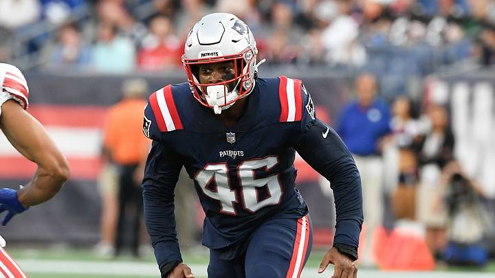 Aug 11, 2022; Foxborough, Massachusetts, USA; New England Patriots linebacker Raekwon McMillan (46) runs at New York Giants wide receiver Collin Johnson (15) during the first half of a preseason game at Gillette Stadium. Mandatory Credit: Eric Canha-USA TODAY Sports Aug 11, 2022; Foxborough, Massachusetts, USA; New England Patriots linebacker Raekwon McMillan (46) runs at New York Giants wide receiver Collin Johnson (15) during the first half of a preseason game at Gillette Stadium. Mandatory Credit: Eric Canha-USA TODAY Sports