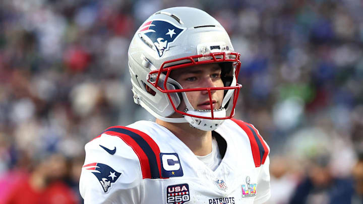 Feb 8, 2026; Santa Clara, CA, USA; New England Patriots quarterback Drake Maye (10) leaves the field at halftime against the Seattle Seahawks in Super Bowl LX at Levi's Stadium. Mandatory Credit: Mark J. Rebilas-Imagn Images