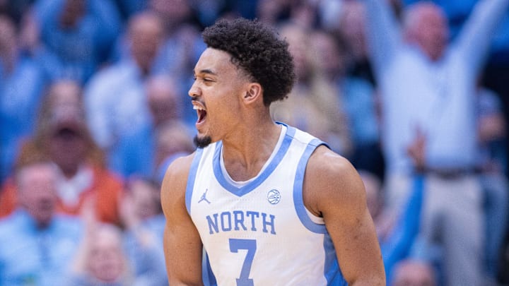 Mar 3, 2026; Chapel Hill, North Carolina, USA; North Carolina Tar Heels guard Seth Trimble (7) celebrates after a three point basket against the Clemson Tigers during the first half at Dean E. Smith Center. Mandatory Credit: Scott Kinser-Imagn Images