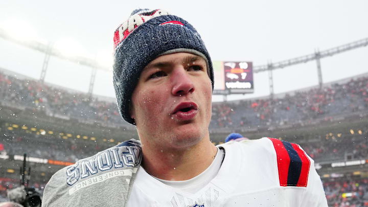 Jan 25, 2026; Denver, CO, USA; New England Patriots quarterback Drake Maye (10) reacts after defeating the Denver Broncos in the 2026 AFC Championship Game at Empower Field at Mile High. Mandatory Credit: Ron Chenoy-Imagn Images Jan 25, 2026; Denver, CO, USA; New England Patriots quarterback Drake Maye (10) reacts after defeating the Denver Broncos in the 2026 AFC Championship Game at Empower Field at Mile High. Mandatory Credit: Ron Chenoy-Imagn Images