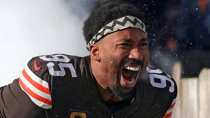 Cleveland Browns defensive end Myles Garrett (95) takes the field before an NFL football game at Huntington Bank Field, Dec. 21, 2025, in Cleveland, Ohio. Cleveland Browns defensive end Myles Garrett (95) takes the field before an NFL football game at Huntington Bank Field, Dec. 21, 2025, in Cleveland, Ohio.