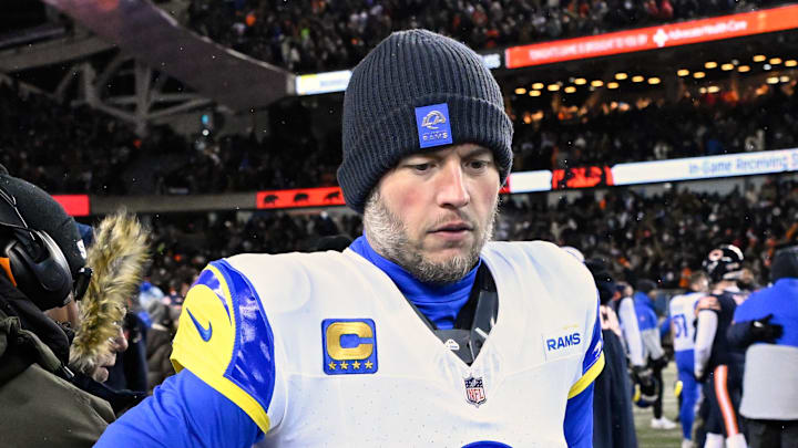 Jan 18, 2026; Chicago, IL, USA; Los Angeles Rams quarterback Matthew Stafford (9) holds a game ball as he is interviewed by NBC sideline reporter Melissa Stark after a NFC Divisional Round game against the Chicago Bears at Soldier Field. Mandatory Credit: Matt Marton-Imagn Images Jan 18, 2026; Chicago, IL, USA; Los Angeles Rams quarterback Matthew Stafford (9) holds a game ball as he is interviewed by NBC sideline reporter Melissa Stark after a NFC Divisional Round game against the Chicago Bears at Soldier Field. Mandatory Credit: Matt Marton-Imagn Images