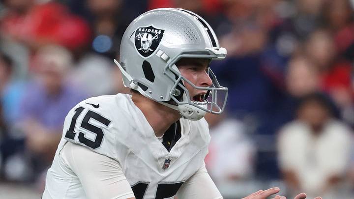 Aug 20, 2026; Houston, Texas, USA; Las Vegas Raiders quarterback Fernando Mendoza (15) calls a play at the line of scrimmage during the second quarter against the Houston Texans at Reliant Stadium. Mandatory Credit: Troy Taormina-Imagn Images Aug 20, 2026; Houston, Texas, USA; Las Vegas Raiders quarterback Fernando Mendoza (15) calls a play at the line of scrimmage during the second quarter against the Houston Texans at Reliant Stadium. Mandatory Credit: Troy Taormina-Imagn Images