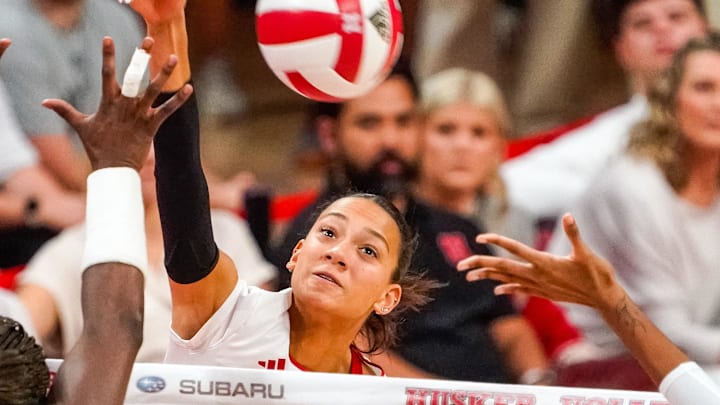 Oct 21, 2023; Lincoln, NE, USA; Nebraska Cornhuskers outside hitter Harper Murray (27) attacks