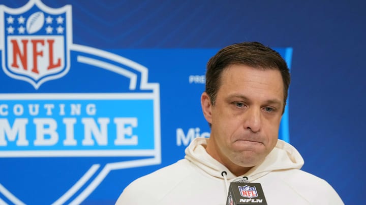 Feb 25, 2025; Indianapolis, IN, USA; Kansas City Chiefs general manager Brett Veach speaks during the NFL Scouting Combine at the Indiana Convention Center. Mandatory Credit: Kirby Lee-Imagn Images