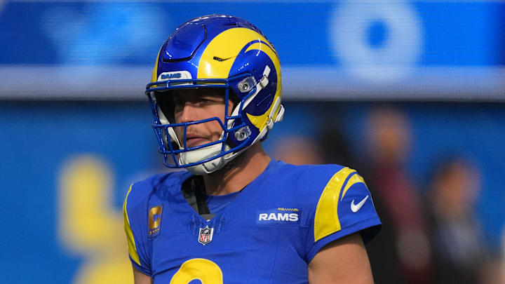 Dec 14, 2025; Inglewood, California, USA; Los Angeles Rams quarterback Matthew Stafford (9) is seen during warmups prior to the game against the Detroit Lions at SoFi Stadium. Mandatory Credit: Kirby Lee-Imagn Images