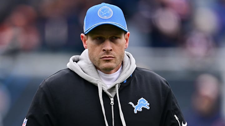 Dec 22, 2024; Chicago, Illinois, USA; Detroit Lions offensive coordinator Ben Johnson before a game against the Chicago Bears at Soldier Field. Mandatory Credit: Daniel Bartel-Imagn Images