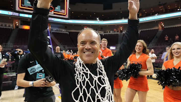 March 11, 2025; Las Vegas, NV, USA; Oregon State Beavers head coach Scott Rueck celebrates after defeating the Portland Pilots after the game in the final of the West Coast Conference tournament at Orleans Arena. Mandatory Credit: Kyle Terada-Imagn Images