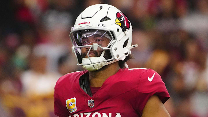 Cardinals quarterback Kyler Murray (1) reacts after a three and out against the Commanders during a game at State Farm Stadium in Glendale on Sept. 29, 2024.