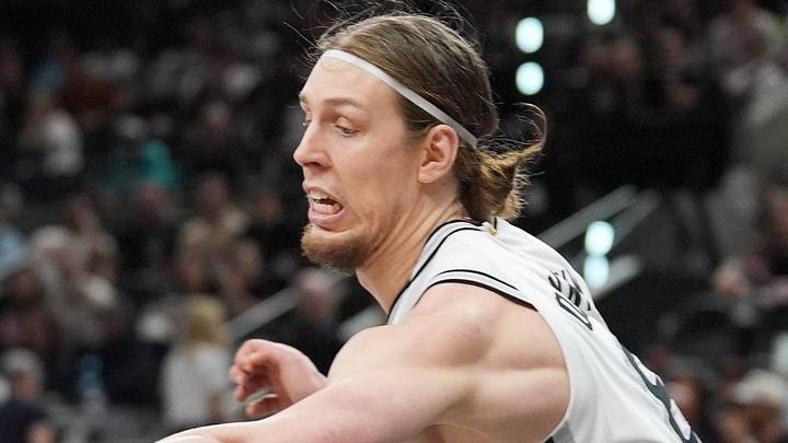 May 24, 2026; San Antonio, Texas, USA; Oklahoma City Thunder forward Kenrich Williams (34) loses the ball to San Antonio Spurs forward Kelly Olynyk (8) in the fourth quarter during game four of the western conference finals for the 2026 NBA playoffs at Frost Bank Center. Mandatory Credit: Daniel Dunn-Imagn Images