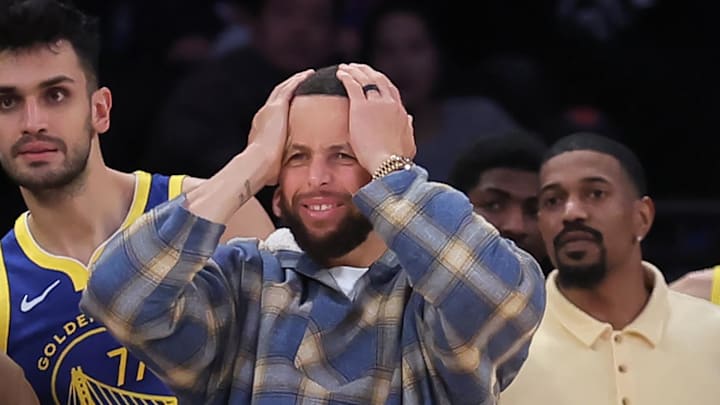 Mar 15, 2026; New York, New York, USA; Golden State Warriors guards Seth Curry (31) and Stephen Curry (30) react from the bench during the fourth quarter against the New York Knicks at Madison Square Garden. Mandatory Credit: Brad Penner-Imagn Images Mar 15, 2026; New York, New York, USA; Golden State Warriors guards Seth Curry (31) and Stephen Curry (30) react from the bench during the fourth quarter against the New York Knicks at Madison Square Garden. Mandatory Credit: Brad Penner-Imagn Images