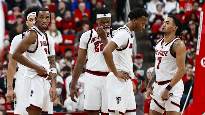 Jan 17, 2026; Raleigh, North Carolina, USA; NC State Wolfpack looks onto the Georgia Tech Yellow Jackets bench during the second half of the game against the Georgia Tech Yellow Jackets at Lenovo Center. Mandatory Credit: Jaylynn Nash-Imagn Images
