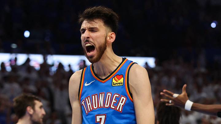May 20, 2026; Oklahoma City, Oklahoma, USA; Oklahoma City Thunder center Chet Holmgren (7) reacts after a slam dunk during the third quarter against the San Antonio Spurs during game two of the western conference finals for the 2026 NBA playoffs at Paycom Center. Mandatory Credit: Brett Rojo-Imagn Images