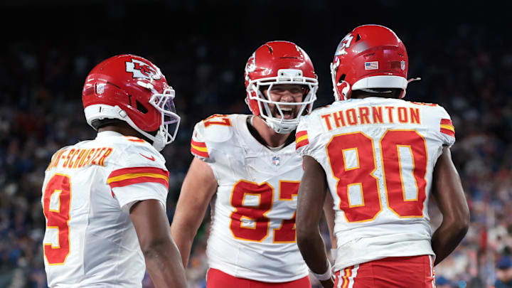 Sep 21, 2025; East Rutherford, New Jersey, USA; Kansas City Chiefs wide receiver Tyquan Thornton (80) celebrates with tight end Travis Kelce (87) and wide receiver Juju Smith-Schuster (9) after a reception against the New York Giants in the fourth quarter at MetLife Stadium. Mandatory Credit: Vincent Carchietta-Imagn Images Sep 21, 2025; East Rutherford, New Jersey, USA; Kansas City Chiefs wide receiver Tyquan Thornton (80) celebrates with tight end Travis Kelce (87) and wide receiver Juju Smith-Schuster (9) after a reception against the New York Giants in the fourth quarter at MetLife Stadium. Mandatory Credit: Vincent Carchietta-Imagn Images