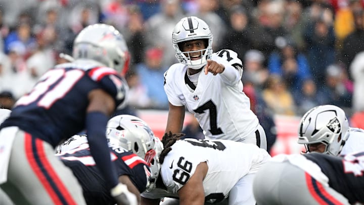 Sep 7, 2025; Foxborough, Massachusetts, USA;  Las Vegas Raiders quarterback Geno Smith (7) during the second half at Gillette Stadium. Mandatory Credit: Brian Fluharty-Imagn Images