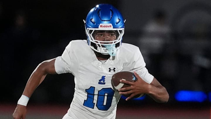 Antioch's Andre Adams (10) runs with the ball during the second round Class 6A playoff game between Antioch High School and Collierville High School in Collierville, Tenn., on November 14, 2025.