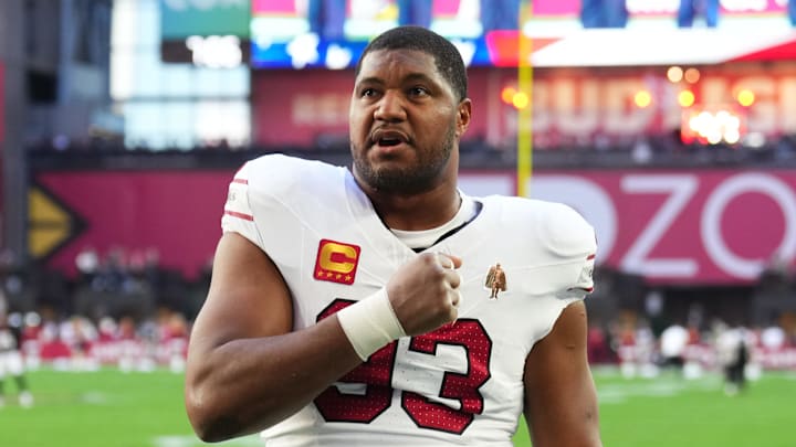 Dec 21, 2025; Glendale, Arizona, USA;  Arizona Cardinals defensive tackle Calais Campbell (93) stands on the field prior to a game against the Atlanta Falcons at State Farm Stadium. Mandatory Credit: Joe Camporeale-Imagn Images