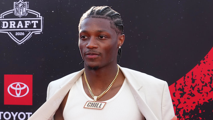 Apr 23, 2026; Pittsburgh, PA, USA; Ohio State Buckeyes receiver Carnell Tate poses on the red carpet before the 2026 NFL Draft at Point State Park. Mandatory Credit: Kirby Lee-Imagn Images