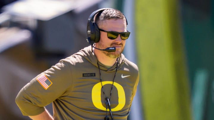 Oregon head coach Dan Lanning looks on during the Oregon Ducks annual spring game on April 25, 2026 at Autzen Stadium in Eugene, Oregon.