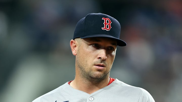 Mar 27, 2025; Arlington, Texas, USA;  Boston Red Sox third base Alex Bregman (2) walks on the field in the first inning against the Texas Rangers at Globe Life Field. Mandatory Credit: Tim Heitman-Imagn Images