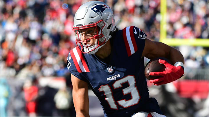 Oct 26, 2025; Foxborough, Massachusetts, USA; New England Patriots wide receiver Mack Hollins (13) runs with the ball during the third quarter against the Cleveland Browns at Gillette Stadium. Oct 26, 2025; Foxborough, Massachusetts, USA; New England Patriots wide receiver Mack Hollins (13) runs with the ball during the third quarter against the Cleveland Browns at Gillette Stadium.