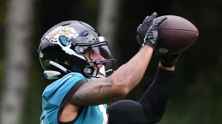 Jacksonville Jaguars receiver Christian Kirk catches a ball during practice.