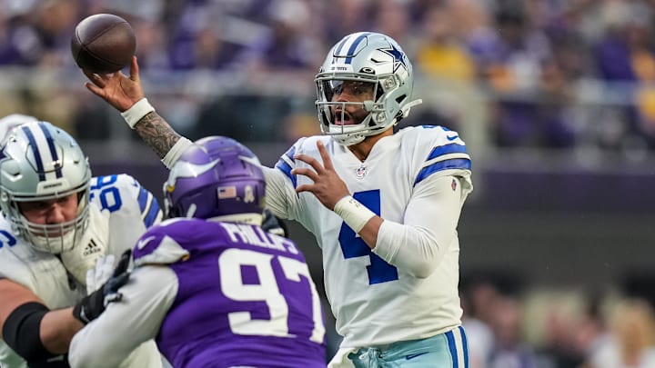 Dallas Cowboys quarterback Dak Prescott throws during the first quarter against the Minnesota Vikings at U.S. Bank Stadium. Dallas Cowboys quarterback Dak Prescott throws during the first quarter against the Minnesota Vikings at U.S. Bank Stadium.