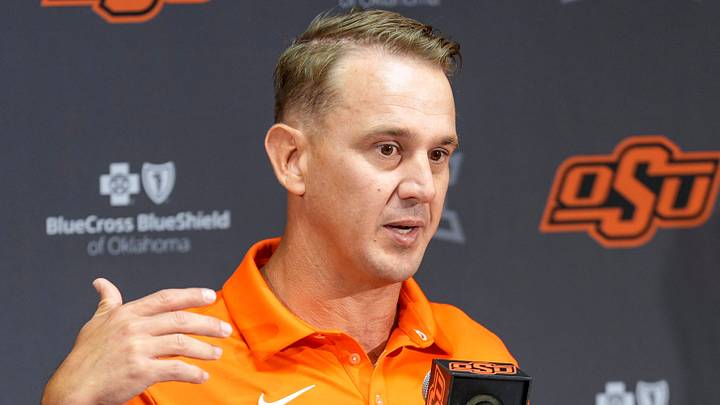 Oklahoma State head coach Eric Morris speaks during OSU Football Media Day in Stillwater, Okla., on Saturday, Aug. 8, 2026. Oklahoma State head coach Eric Morris speaks during OSU Football Media Day in Stillwater, Okla., on Saturday, Aug. 8, 2026.