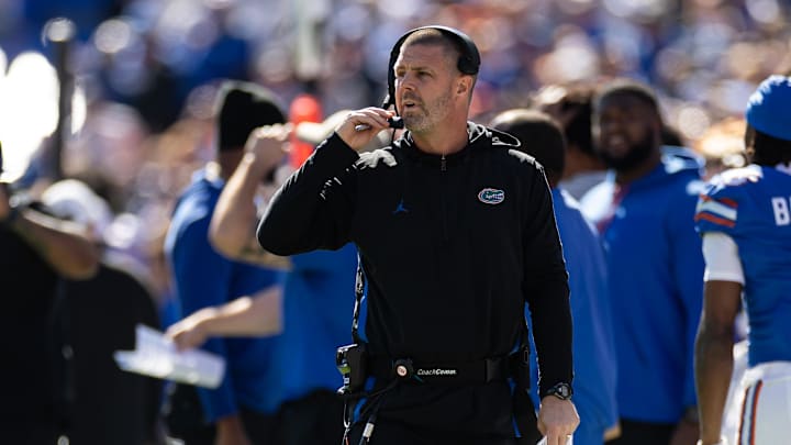 Nov 23, 2024; Gainesville, Florida, USA; Florida Gators head coach Billy Napier looks on against the Mississippi Rebels during the first half at Ben Hill Griffin Stadium. Mandatory Credit: Matt Pendleton-Imagn Images