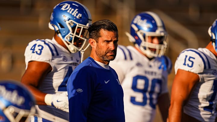 Nov 8, 2025; East Hartford, Connecticut, USA; Duke Blue Devils head coach Manny Diaz on the field for warm up before the start of the game against the UConn Huskies at Pratt & Whitney Stadium at Rentschler Field. Mandatory Credit: David Butler II-Imagn Images