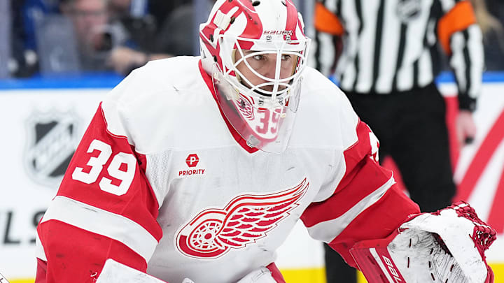 Apr 17, 2025; Toronto, Ontario, CAN; Detroit Red Wings goaltender Cam Talbot (39) follows the play against the Toronto Maple Leafs during the first period at Scotiabank Arena. Mandatory Credit: Nick Turchiaro-Imagn Images